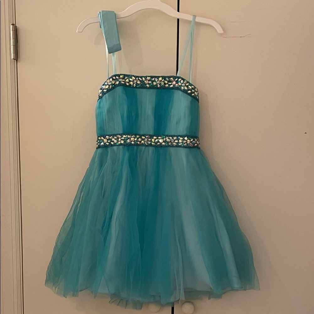 Charming Teal Kids Dress with Embellishments
